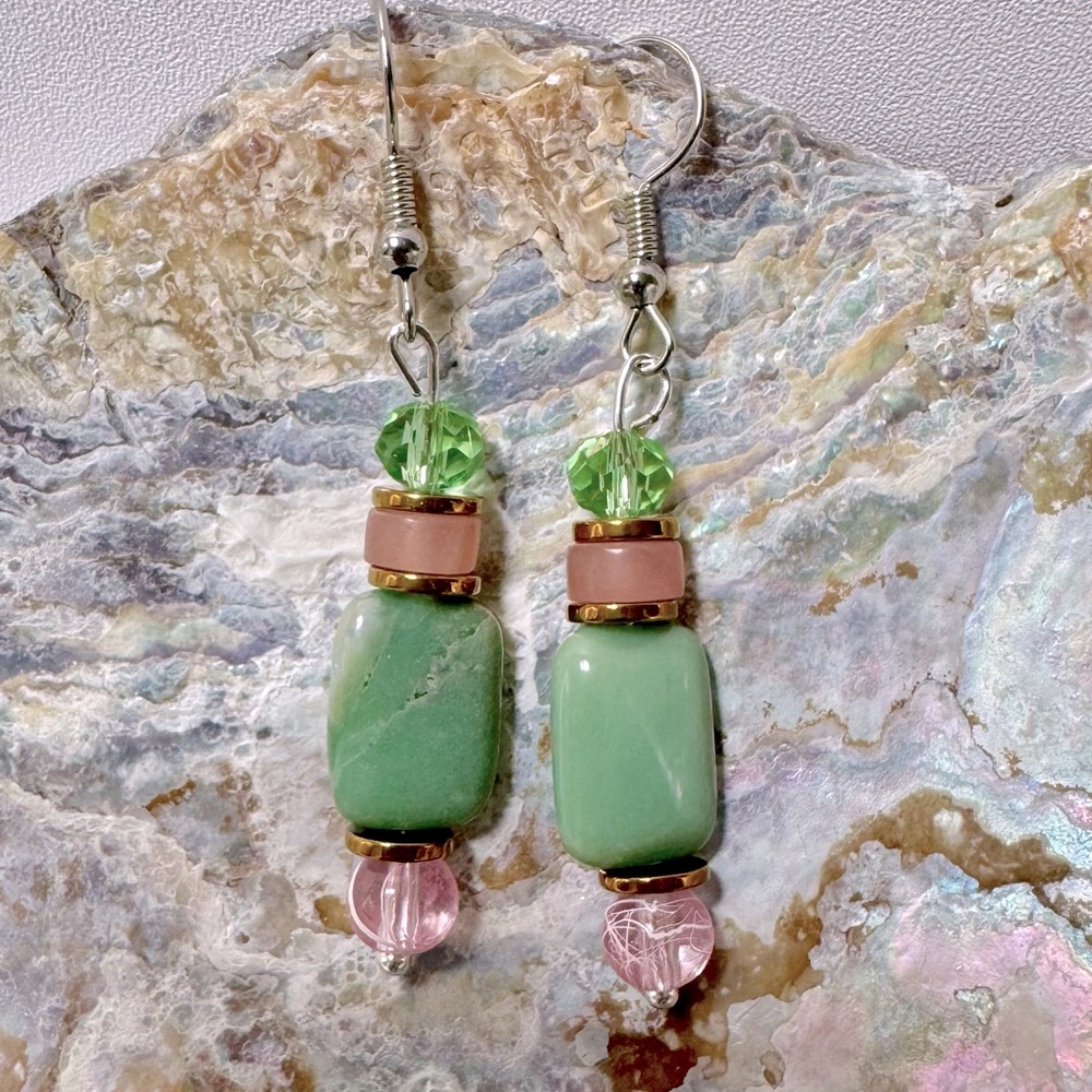 Elegant Green and Pink Beaded Earrings